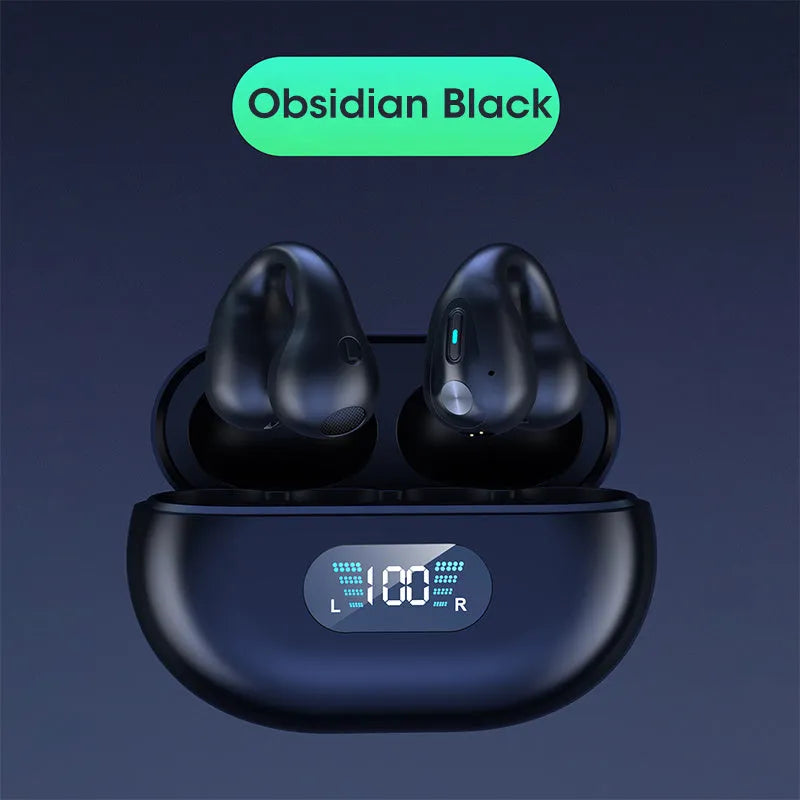 Bone conduction Bluetooth headset clip in black resting on ear with charging cable
