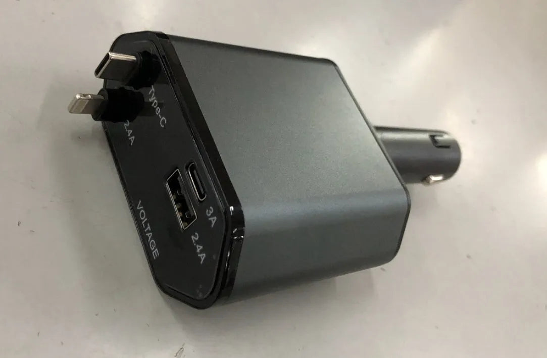 Automatic retractable car charger with 120W output and USB ports for fast charging in vehicles