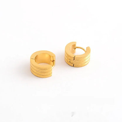 Geometric titanium steel earrings with frosted three-line design in black, gold, and steel colour finishes