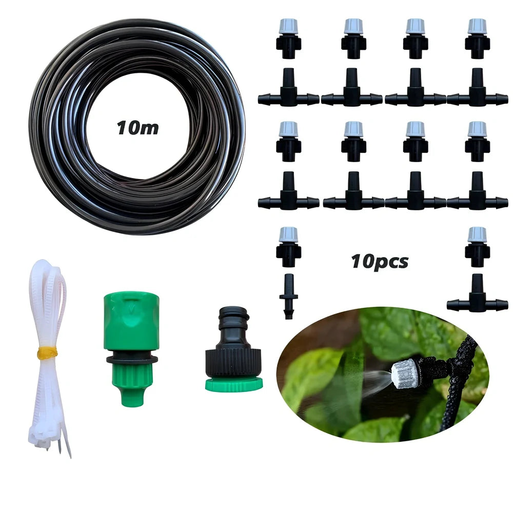 10m garden irrigation hose with 10 spray heads for mist watering and plant temperature control