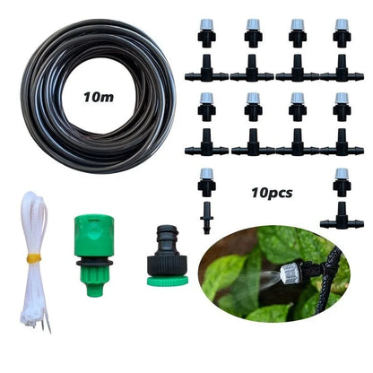 Green 10-metre garden irrigation hose with micro-spray system for water mist cooling
