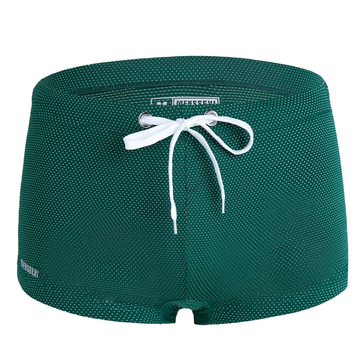 Men's low waist boxer style swimming trunks in nylon, available in multiple solid colours.
