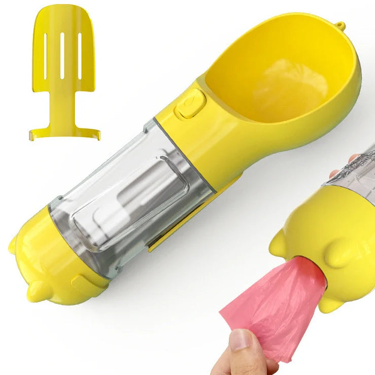 Aquamarine portable dog water bottle with attached poop bag dispenser and treat holder compartment