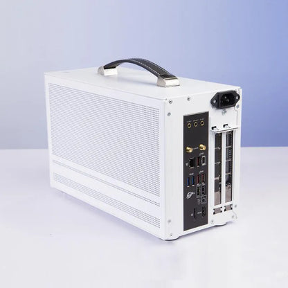 Three Hummingbird Portable ITX desktop computer chassis in titanium grey with tinned steel construction