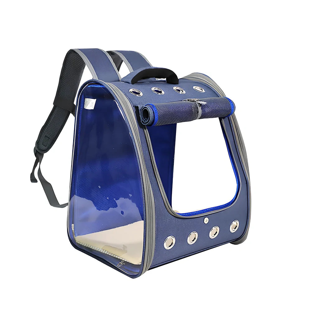 Blue pet backpack with transparent PVC windows showing interior, adjustable shoulder straps, and ventilation holes
