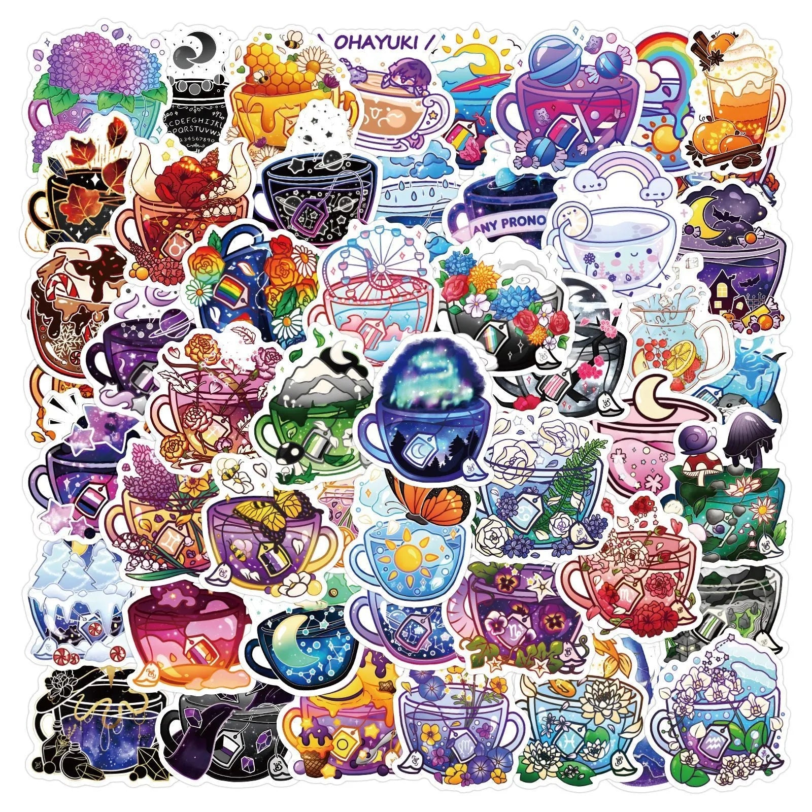 Pack of 50 colourful tea cup graffiti waterproof stickers for DIY luggage and scooter decoration