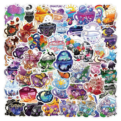 Pack of 50 colourful tea cup graffiti waterproof stickers for DIY luggage and scooter decoration