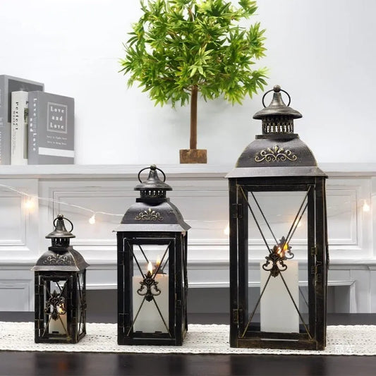 European-style wrought iron floor-standing storm lantern with tempered glass in black gold finish, size 19x19x50cm