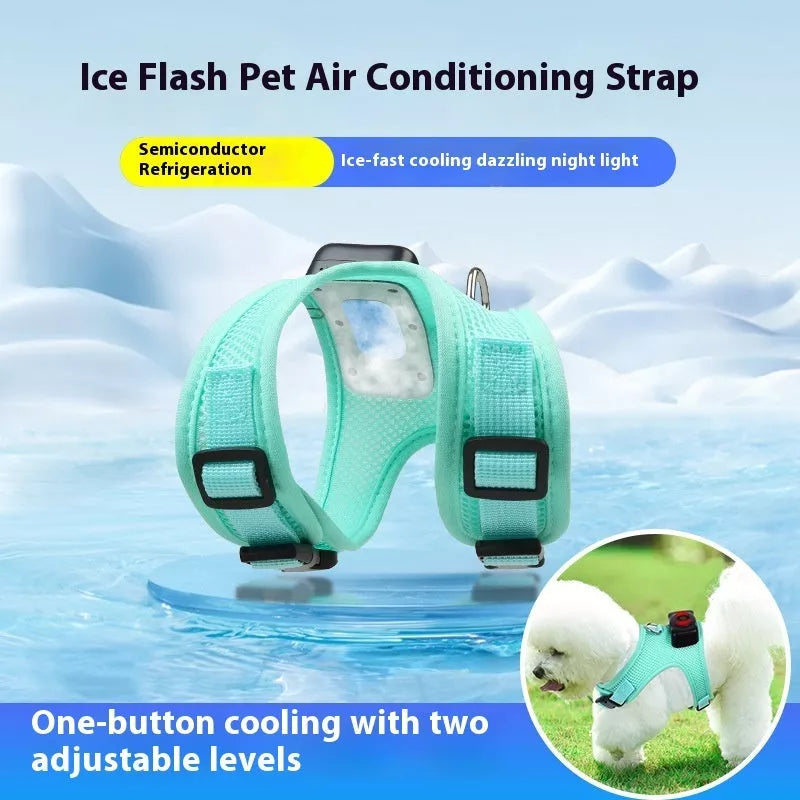 Small dog wearing mint green cooling vest harness with air conditioner