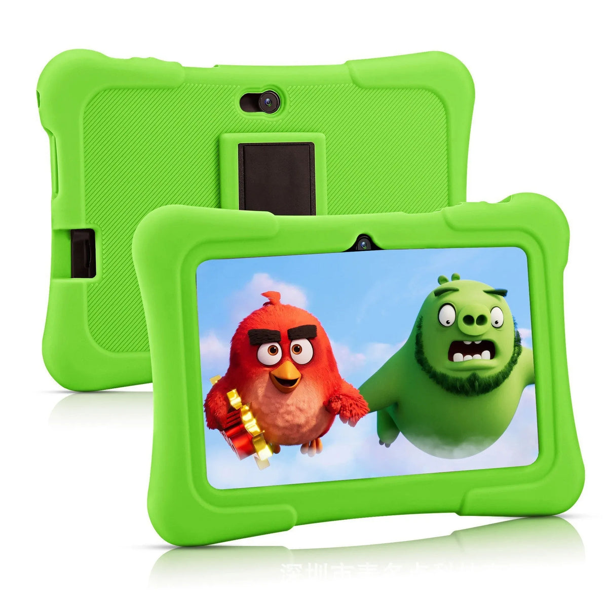 7-inch children's tablet with silicone sleeve, HD screen, WiFi and Bluetooth, shown in blue.
