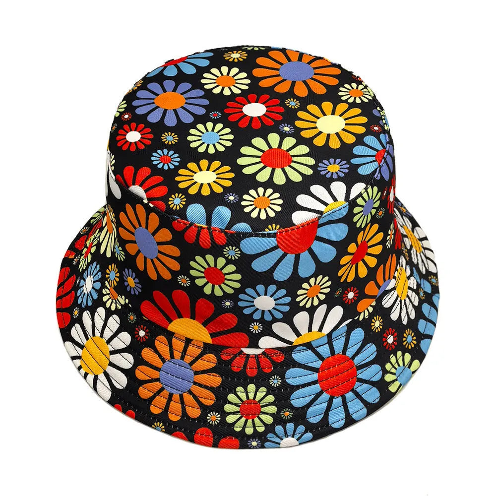 Colourful flower print polyester bucket hat with dome crown design