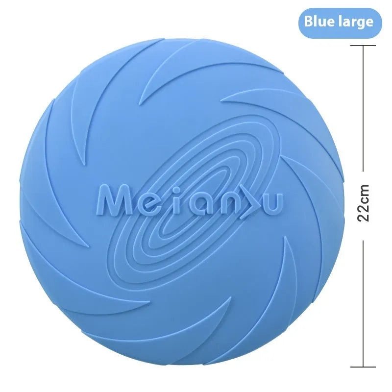 Soft rubber dog frisbee toy in red, blue, and green colours showing small, medium, and large size options
