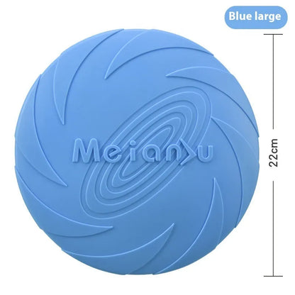 Soft rubber dog frisbee toy in red, blue, and green colours showing small, medium, and large size options