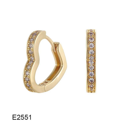 A pair of gold plated heart-shaped clip-on earrings with small sparkling zircon stone accents on a white background.