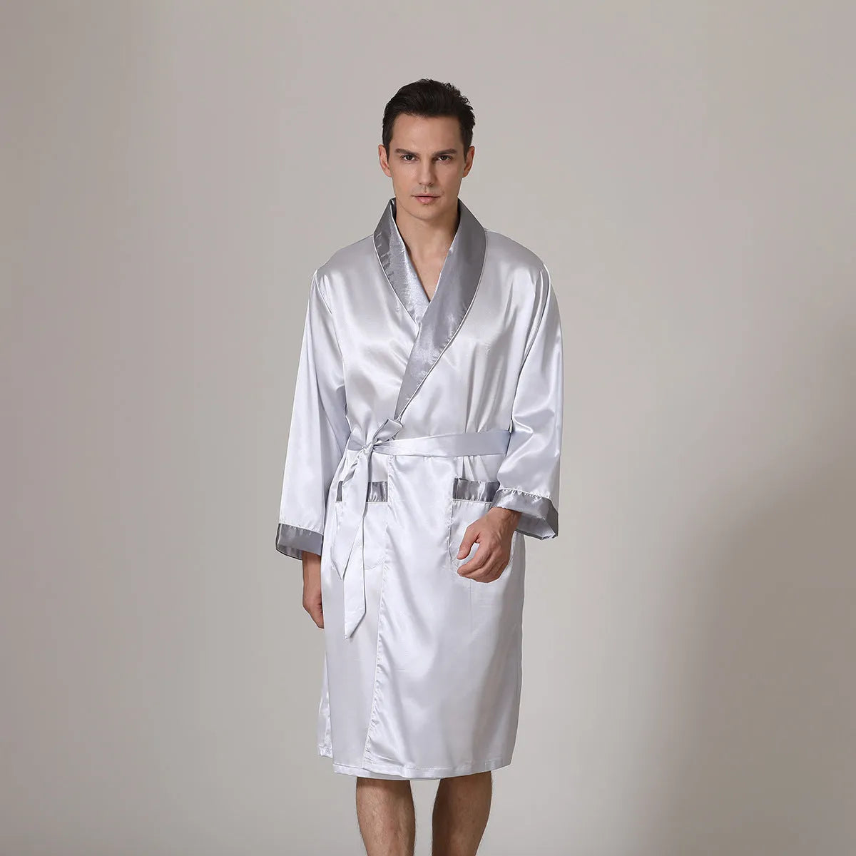 Men's silk bathrobe in summer colours including black with yellow collar and red crane design