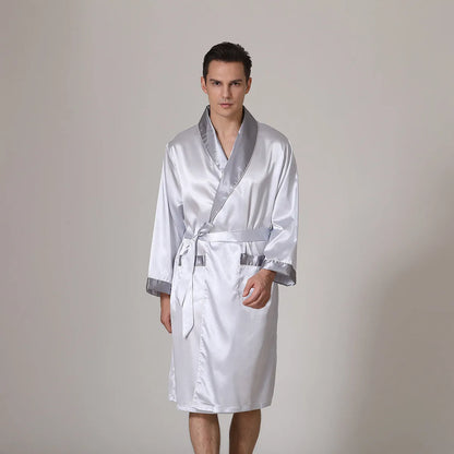 Men's silk bathrobe in summer colours including black with yellow collar and red crane design