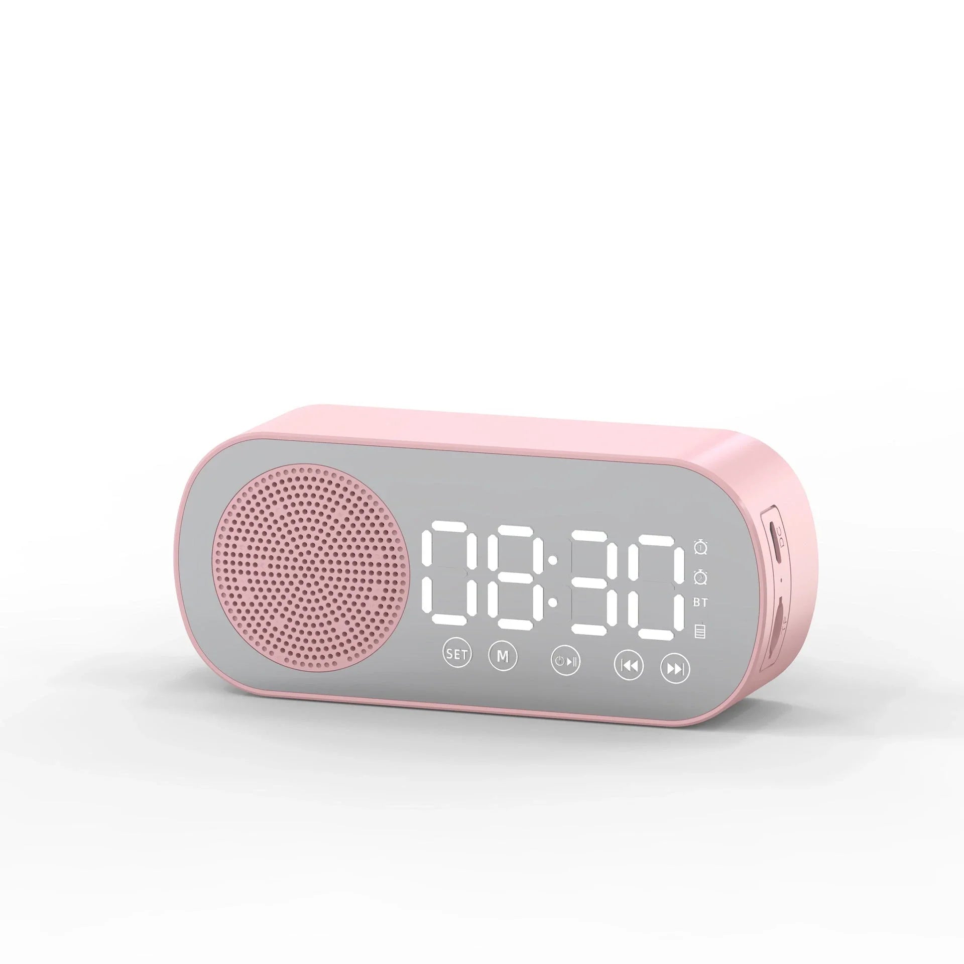 5-in-1 Bluetooth alarm clock with mirror design, LED display, FM radio, dual alarms, and phone stand