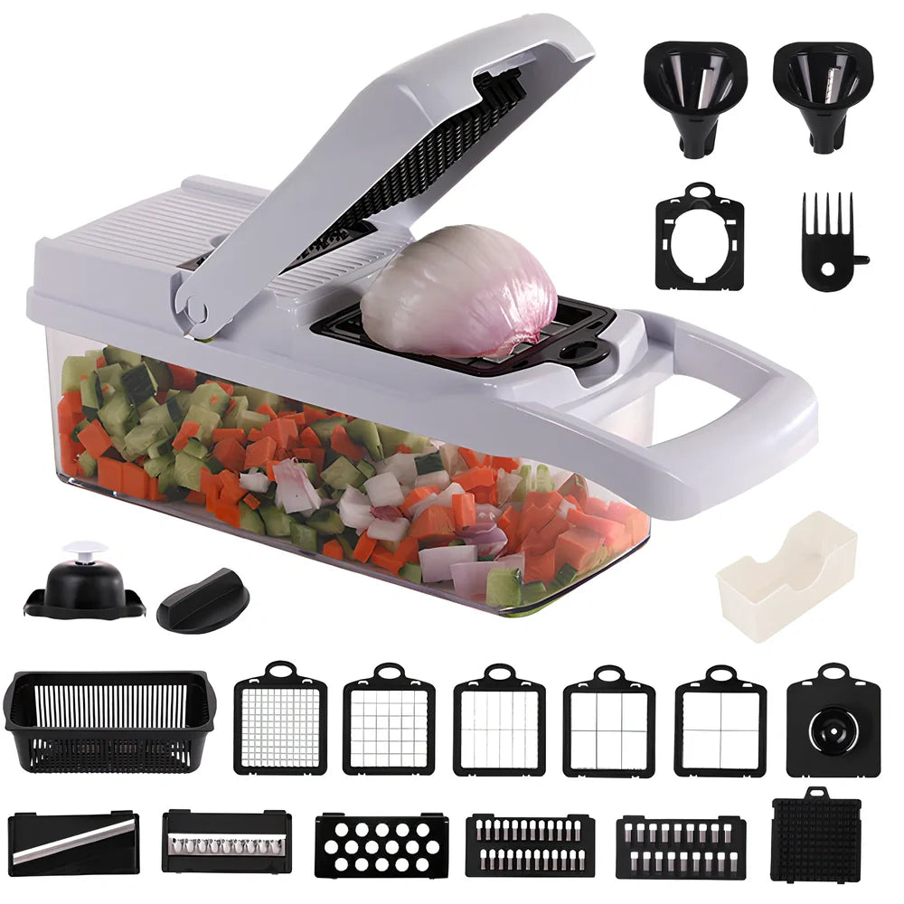 Multipurpose vegetable cutter with seven blades, drain basket and accessories on kitchen counter