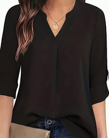 Women's V-neck blouse in burgundy, apricot, or black, featuring long sleeves and a relaxed fit.