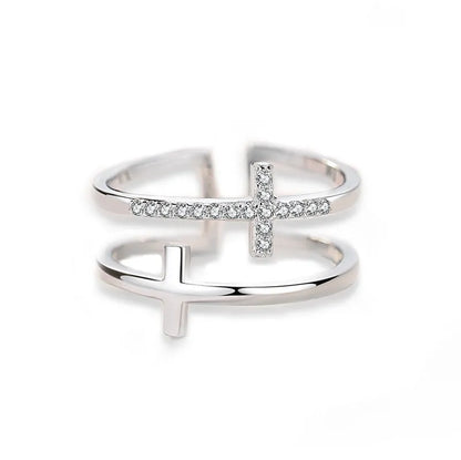 Adjustable copper ring with white gold finish and zircon gemstones, geometric design, fits sizes 5-9