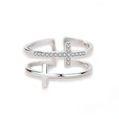 Adjustable double cross copper ring with zircon inlays, showcasing geometric design and elegant white gold color.