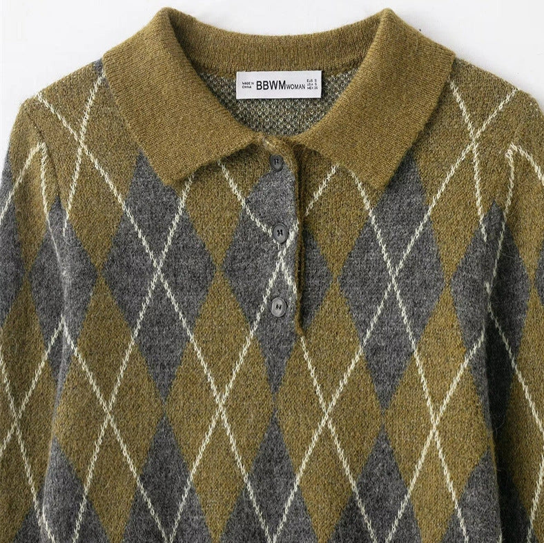 Women's notched lapel knitted sweater with diamond pattern and colour blocking, 40-50cm length