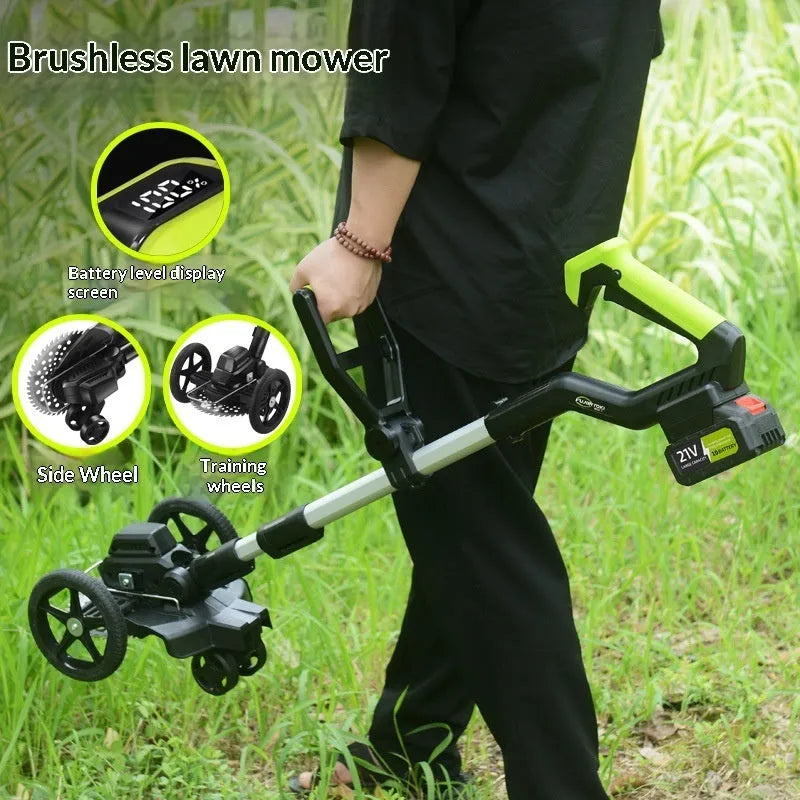 Brushless lithium electric lawn mower with steel, aluminium tube and plastic build, 500W motor and multi-wheel assistance