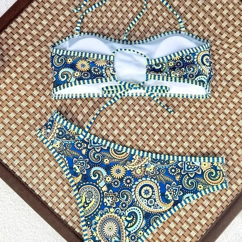 Women's floral print bikini with adjustable spaghetti straps in European-inspired patterns