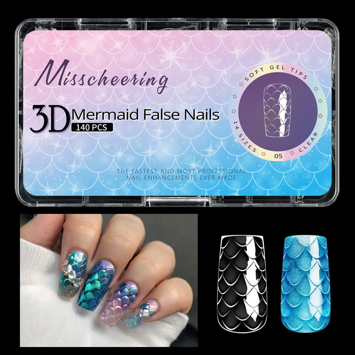 Professional 3D scale long shaping false nail tips in Frigate Box packaging for nail extensions.