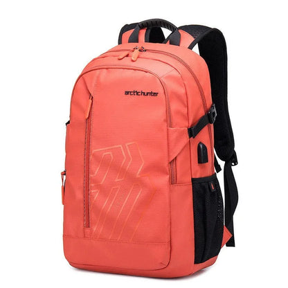 Navy blue plaid casual backpack with curved shoulder strap, shown front view, suitable for an 18-inch laptop.