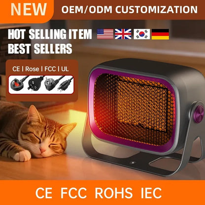 White desktop heater with PTC ceramic heating, two fan speeds, and rotatable body on a wooden desk