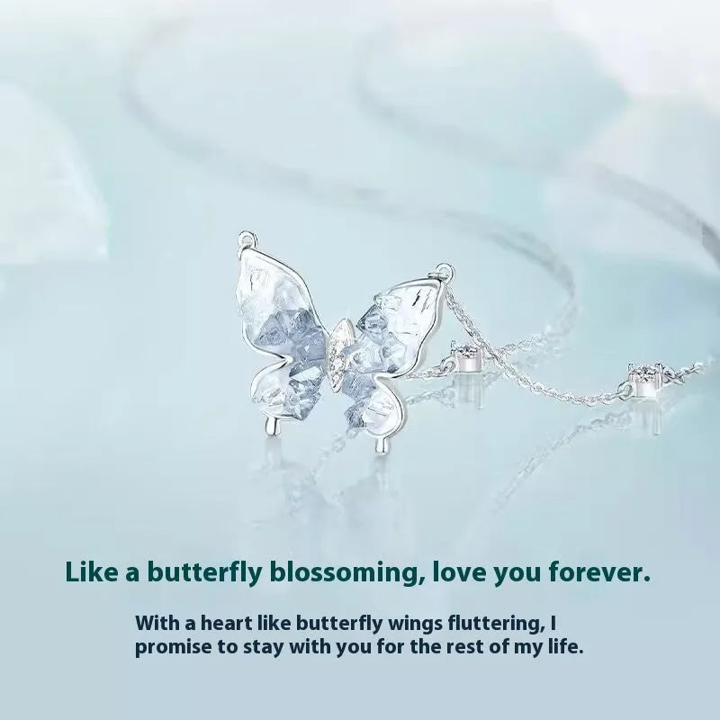 Adjustable 925 silver necklace with ice rain butterfly pendant on 41-50cm chain