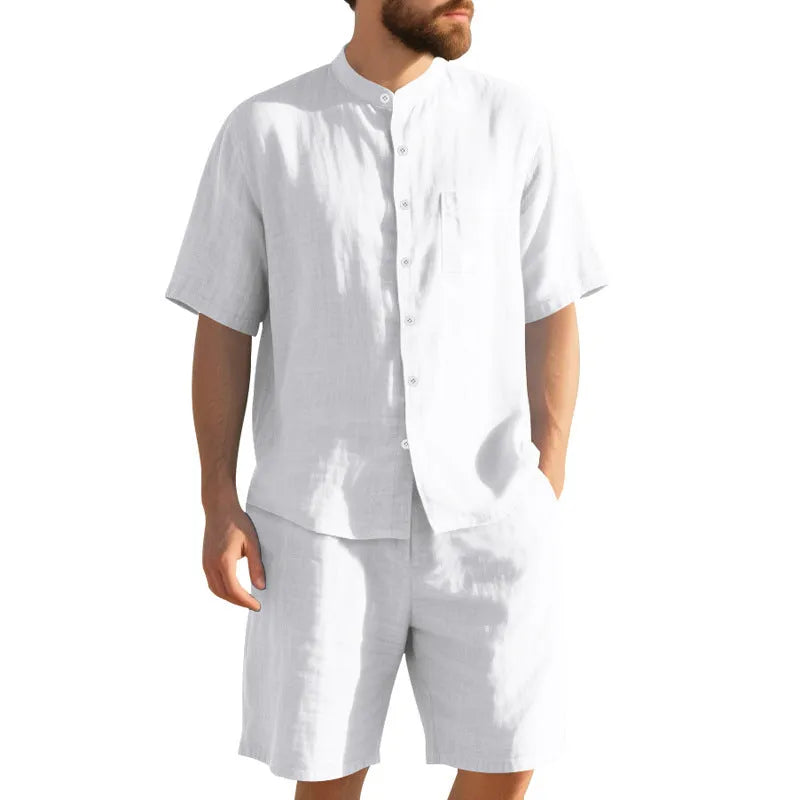 Men's light blue linen blend summer suit with short sleeve Henry collar jacket and matching shorts