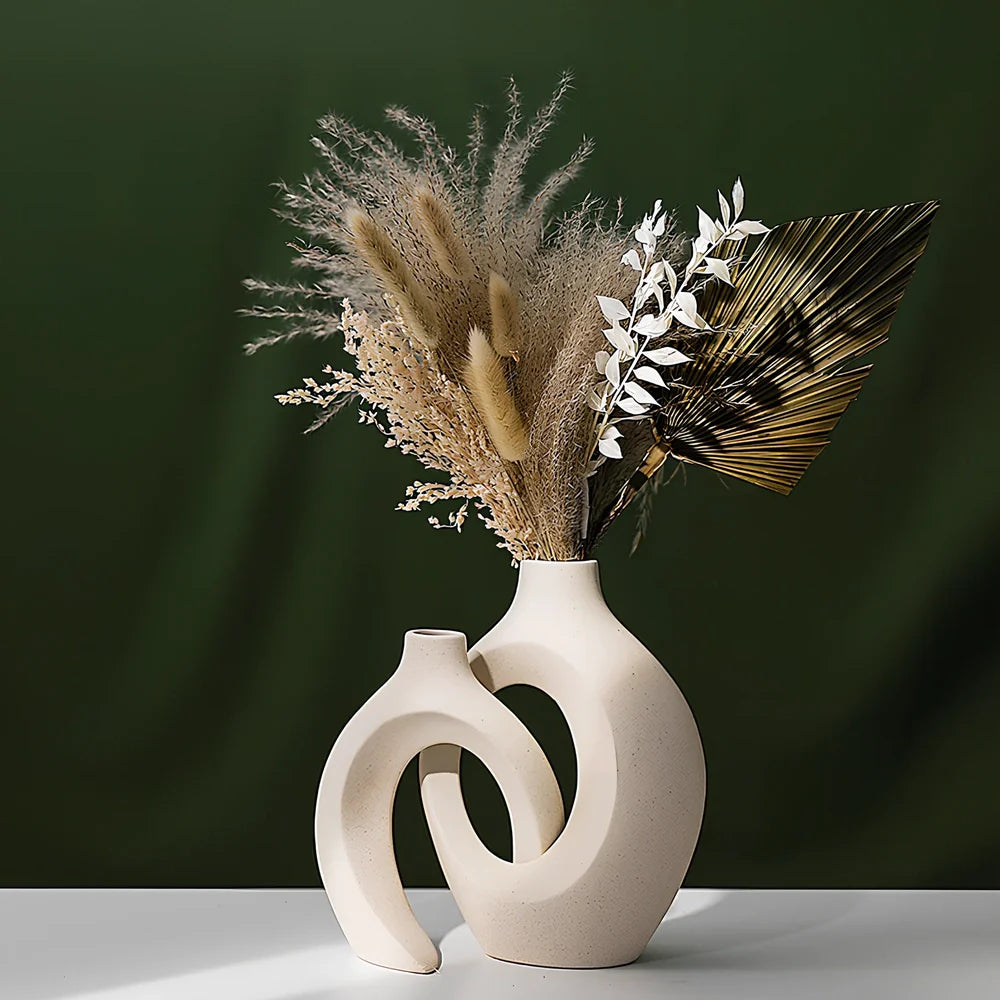 European ceramic vase set with two matching pieces and glazed surface finish