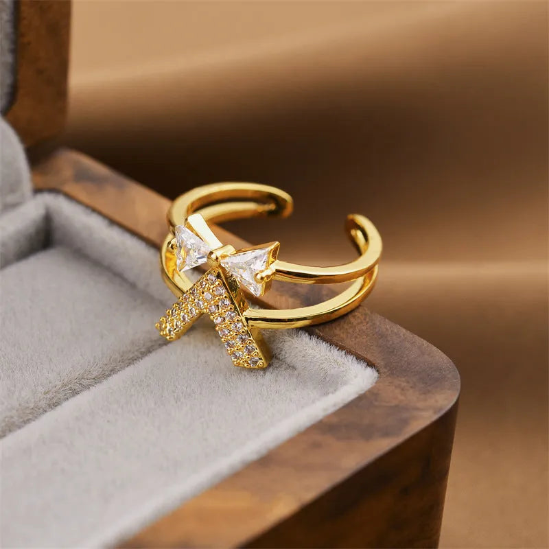 Korean fashion women's adjustable open ring with geometric design and electroplated gold finish on copper band