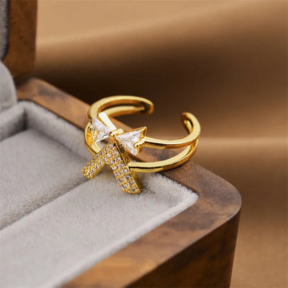 Korean fashion women's adjustable open ring with geometric design and electroplated gold finish on copper band