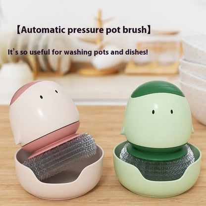 Automatic liquid filling dishwashing brush with ergonomic handle in cute chicken design