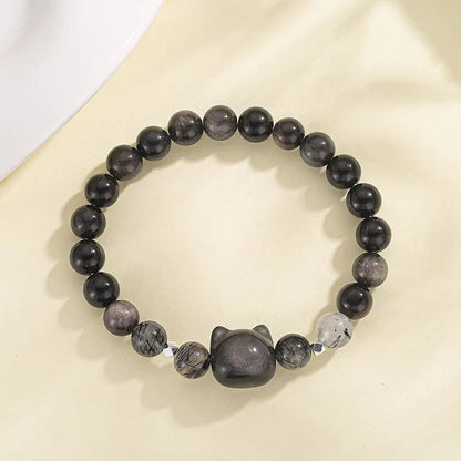 SL311 series obsidian cat charm bracelet in silver stone or white agate colour options