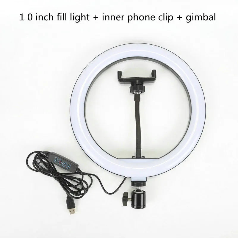 Black mobile phone bracket fill light for live broadcast, with 10-inch fill light option and general fit.