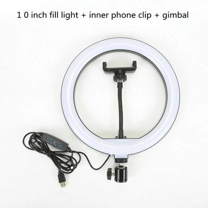 Black mobile phone bracket fill light for live broadcast, with 10-inch fill light option and general fit.