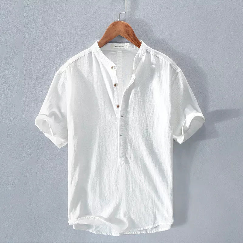 Men's Stand Collar Japanese Ice Silk Linen Short Sleeve T-shirt in various colors