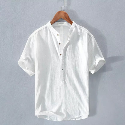 Men's Stand Collar Japanese Ice Silk Linen Short Sleeve T-shirt in various colors