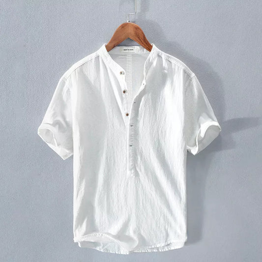 Men's Stand Collar Japanese Ice Silk Linen Short Sleeve T-shirt in various colors