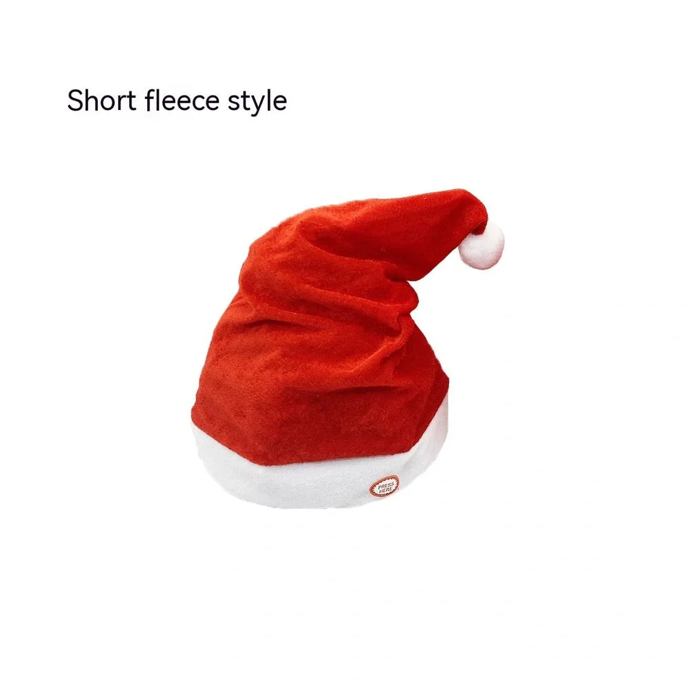 Red electric Christmas plush hat with swinging motion and battery music features