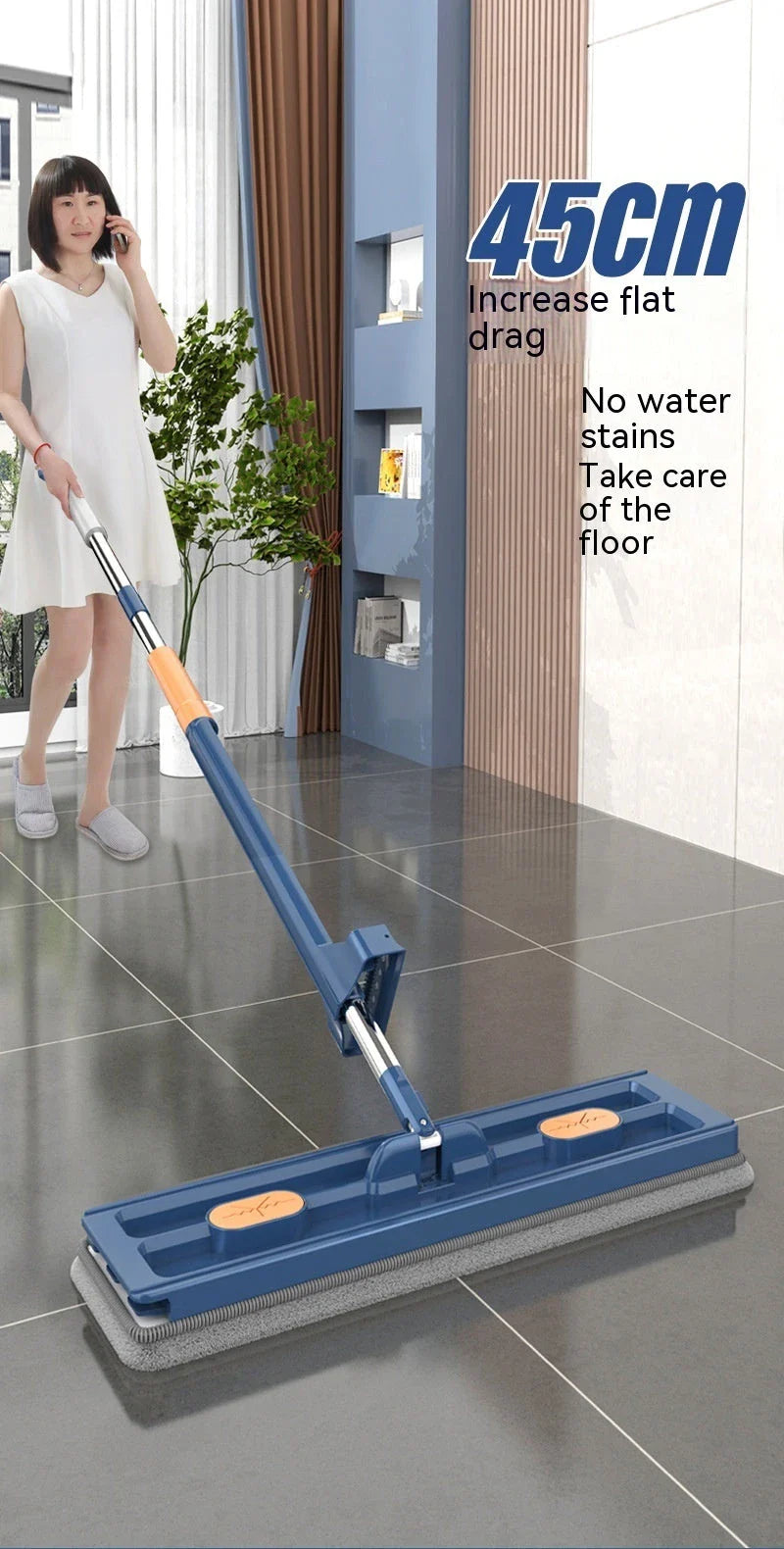 360° Rotating Flat Mop with Stainless Steel Handle and Self-Contained Dewatering Scraper for Effortless Floor Cleaning