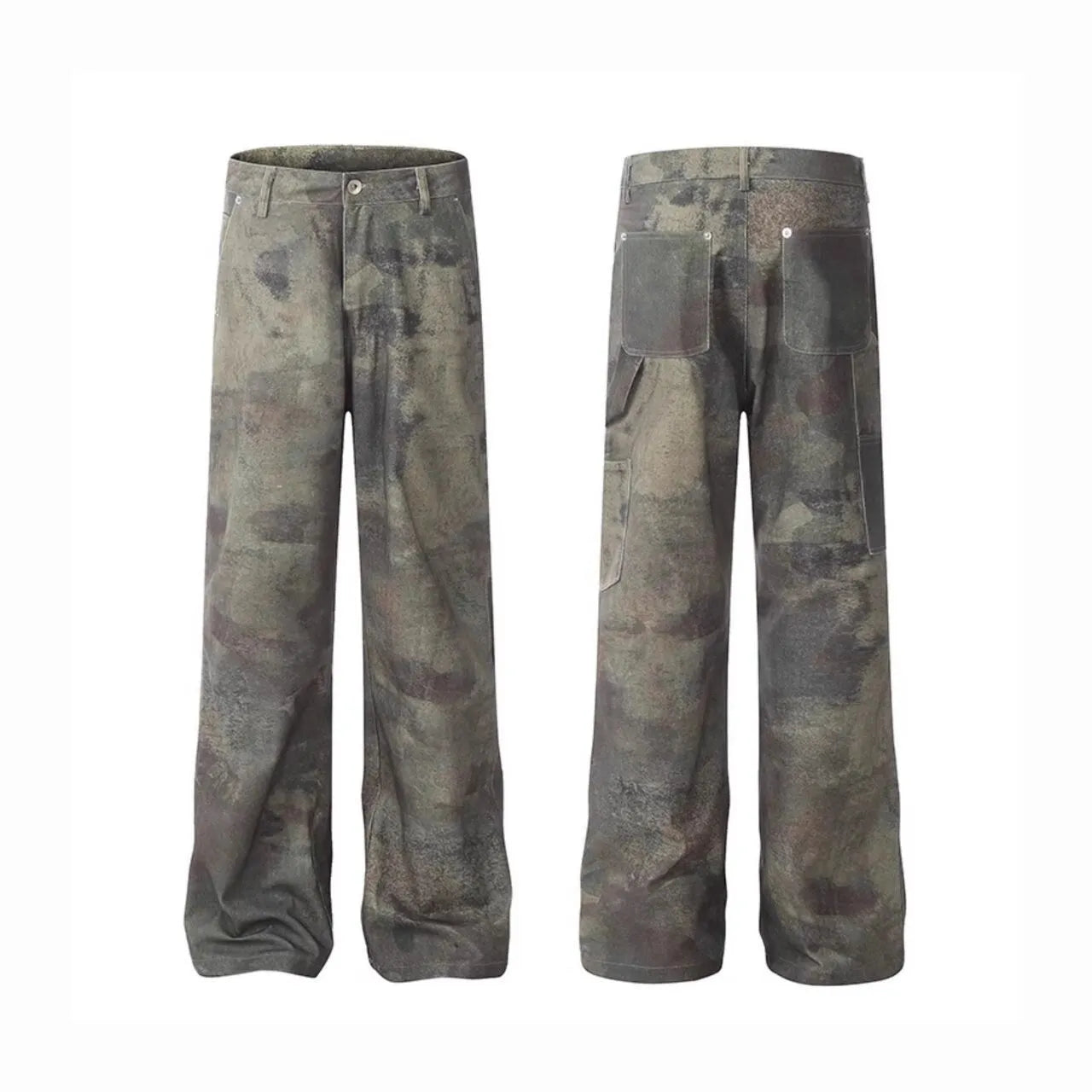 Men's retro camouflage jeans in straight-leg cut with digital direct injection pattern on cotton denim fabric