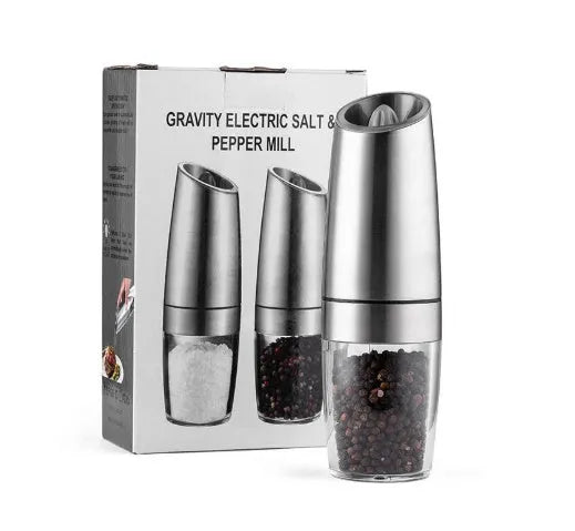 Modern electric gravity pepper grinder in matte black with adjustable ceramic mill and blue LED light on.