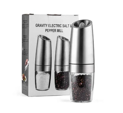 Modern electric gravity pepper grinder in matte black with adjustable ceramic mill and blue LED light on.