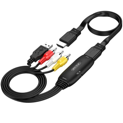 HDMI to AV converter adapter with RCA cable and 3.5mm terminal plug for 1080p video.