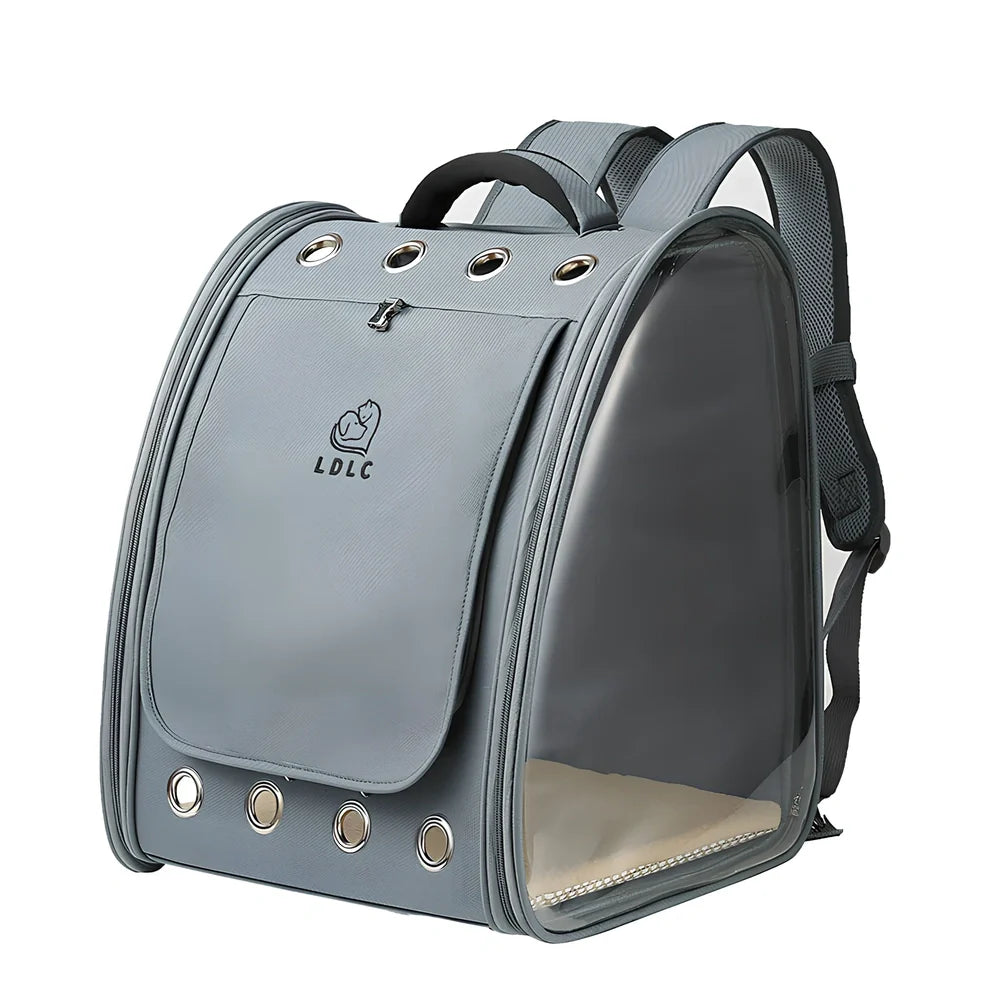 Blue pet backpack with transparent PVC windows showing interior, adjustable shoulder straps, and ventilation holes